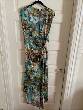 Va Va Voom Blue, Olive & Brown Print Wrap Dress